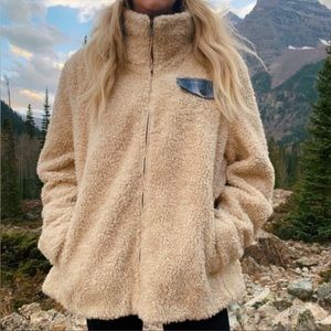 NWOT Pendleton Wool Sherpa Fleece Full Zip Jacket Cream Tan Blue Plaid Size XL